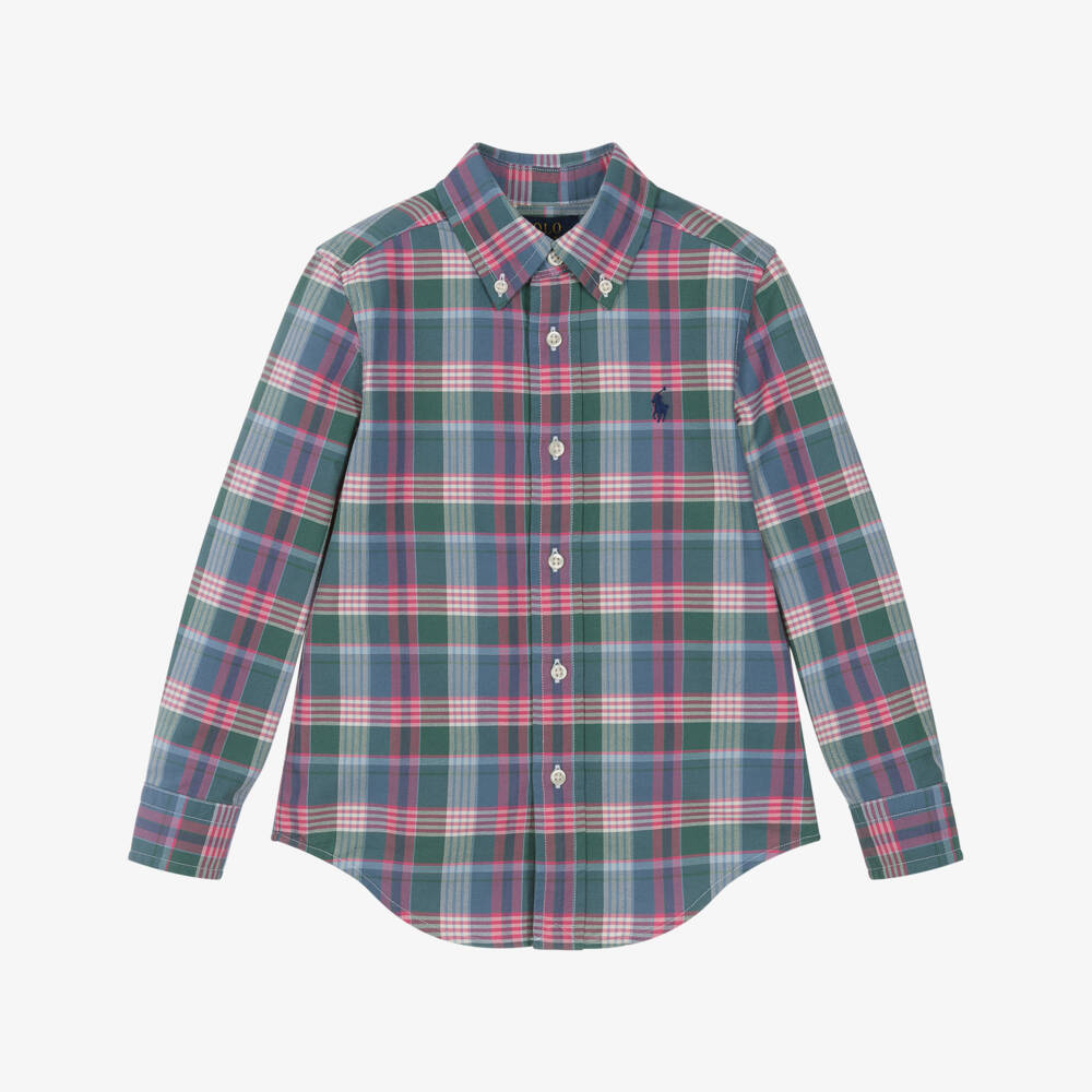 Ralph Lauren-Boys Green & Pink Tartan Oxford Cotton Shirt | Childrensalon Outlet