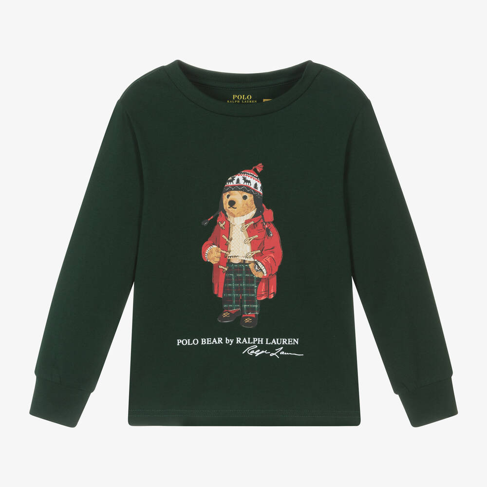 Ralph Lauren-توب قطن بطبعة دب بولو لون أخضر داكن للأولاد | Childrensalon Outlet