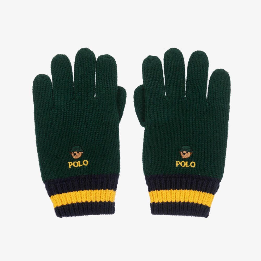 Ralph Lauren - Boys Green Polo Bear Gloves | Childrensalon