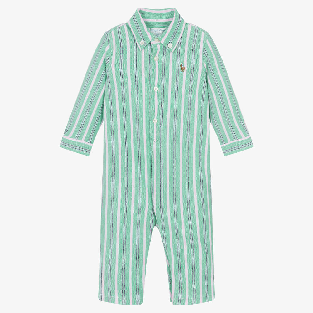 Ralph Lauren - Boys Green Striped Cotton Babygrow | Childrensalon