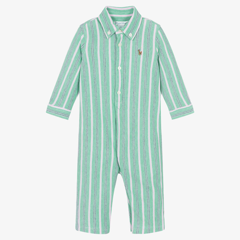 Ralph Lauren - Grenouillère rayée verte Garçon | Childrensalon