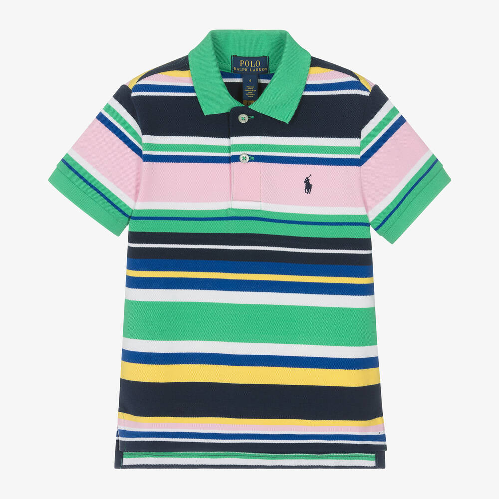 Ralph Lauren-Boys Green Striped Cotton Polo Shirt | Childrensalon Outlet