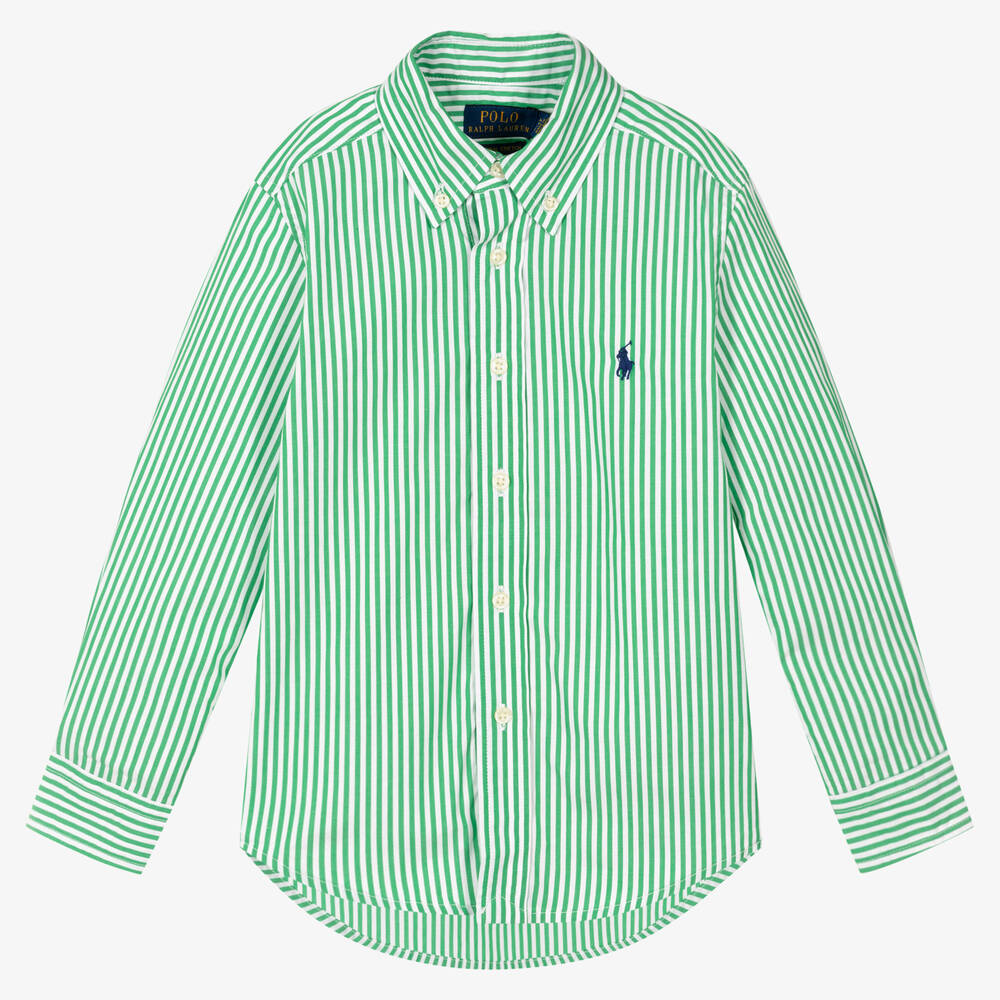 Polo Ralph Lauren - قميص قطن بوبلين مقلم لون أخضر وأبيض للأولاد | Childrensalon