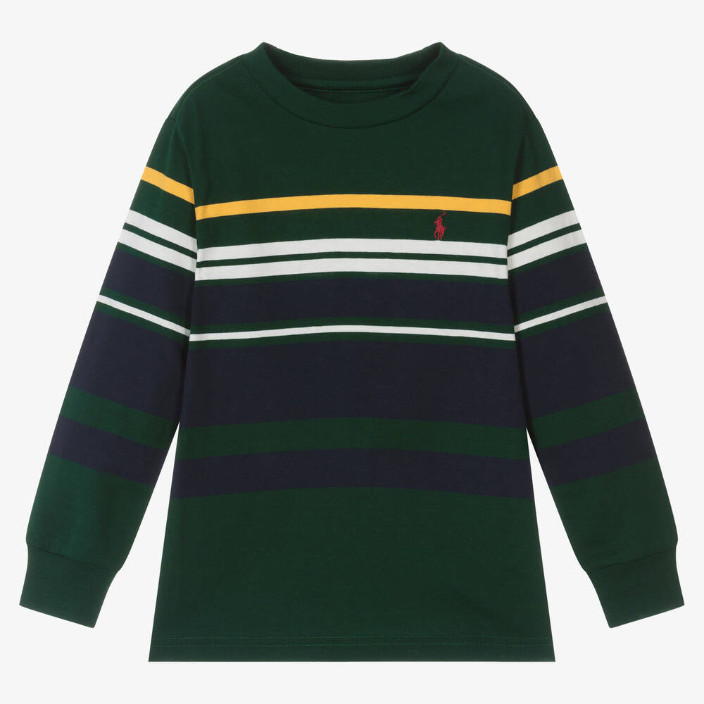 Ralph Lauren - Boys Green Striped Cotton Top | Childrensalon