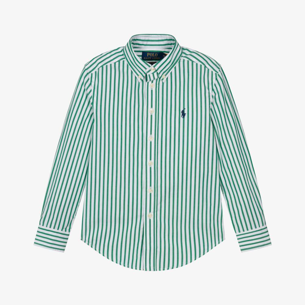 Ralph Lauren-Boys Green & White Stripe Cotton Shirt | Childrensalon Outlet