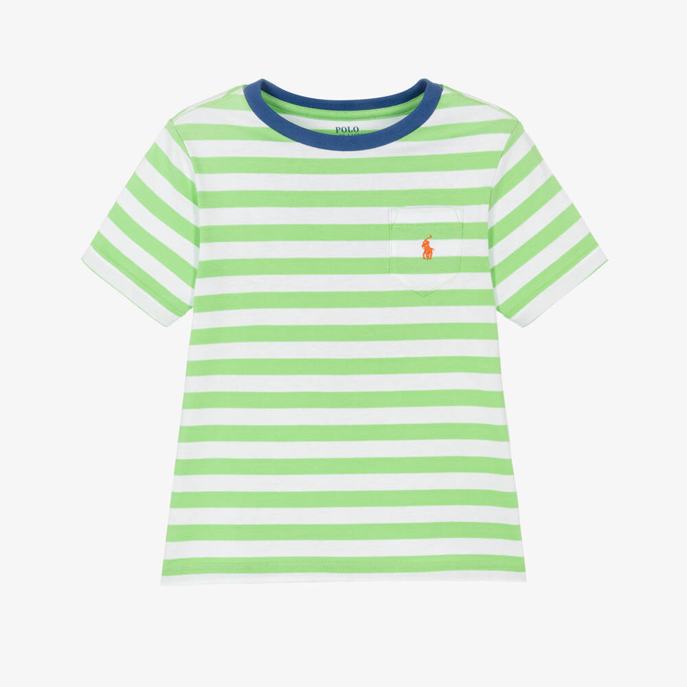 Ralph Lauren-Boys Green & White Stripe Cotton T-Shirt | Childrensalon Outlet