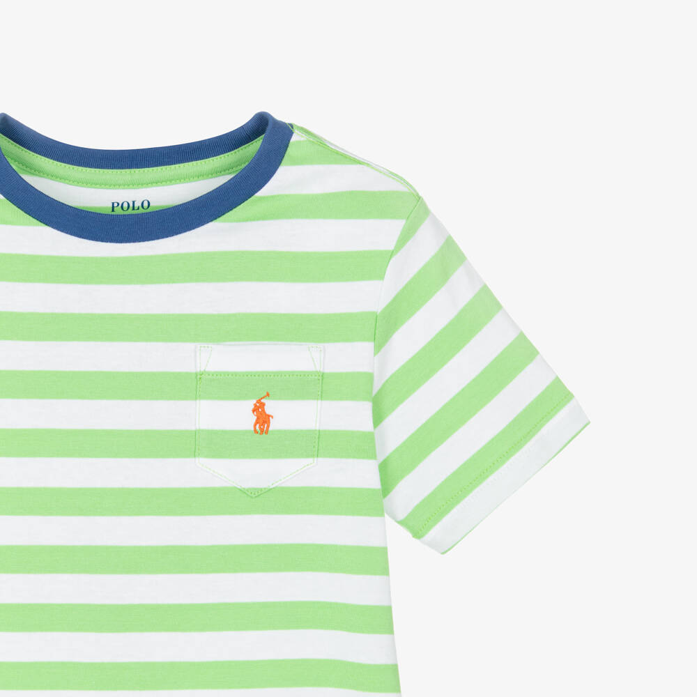 Ralph Lauren-Boys Green & White Stripe Cotton T-Shirt | Childrensalon Outlet