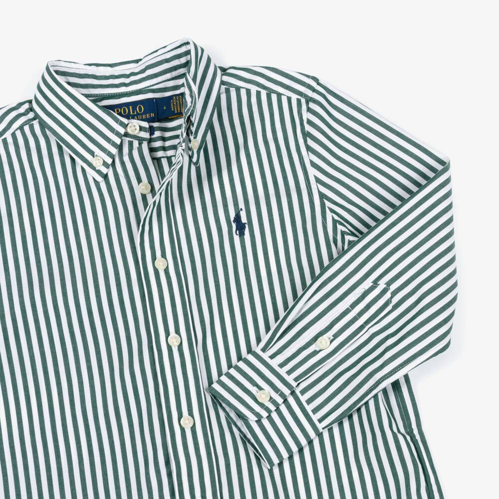 Ralph Lauren-Boys Green & White Striped Cotton Shirt | Childrensalon Outlet