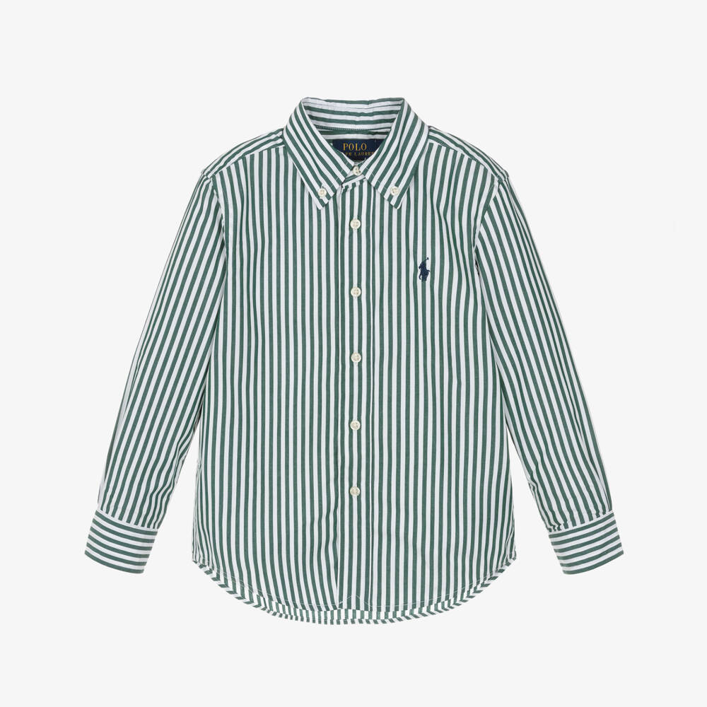 Ralph Lauren-Boys Green & White Striped Cotton Shirt | Childrensalon Outlet