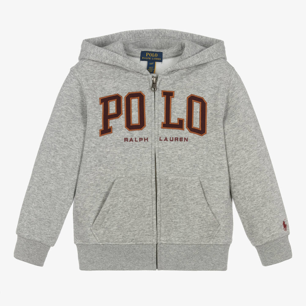 Ralph Lauren-توب هودي بسحّاب قطن لون رمادي مونس للأولاد | Childrensalon Outlet