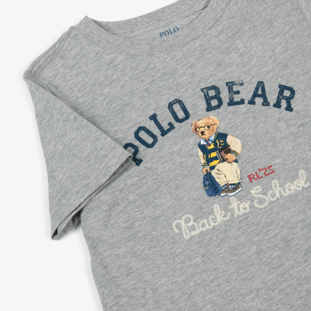 Ralph Lauren-Boys Grey Marl School Polo Bear T-Shirt | Childrensalon Outlet