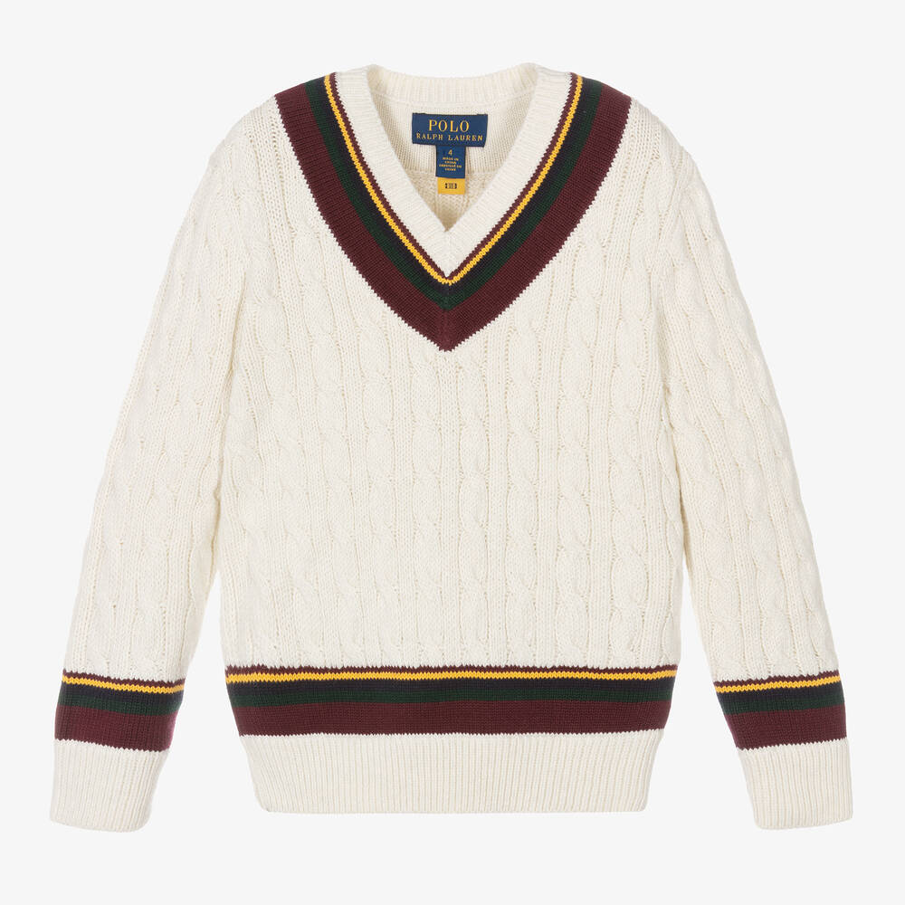 Ralph Lauren - Boys Ivory Cotton-Knit Cricket Sweater | Childrensalon