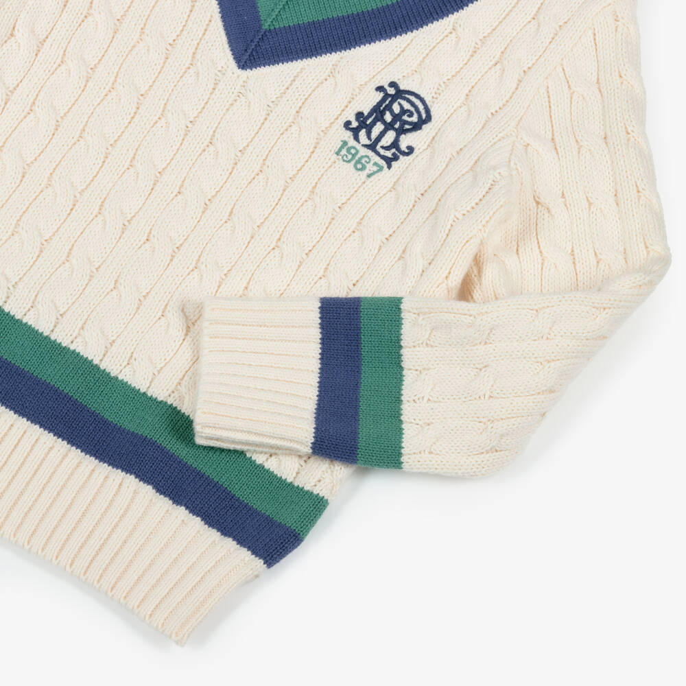 Ralph Lauren-Boys Ivory Cotton Knit V-Neck Cricket Sweater | Childrensalon Outlet