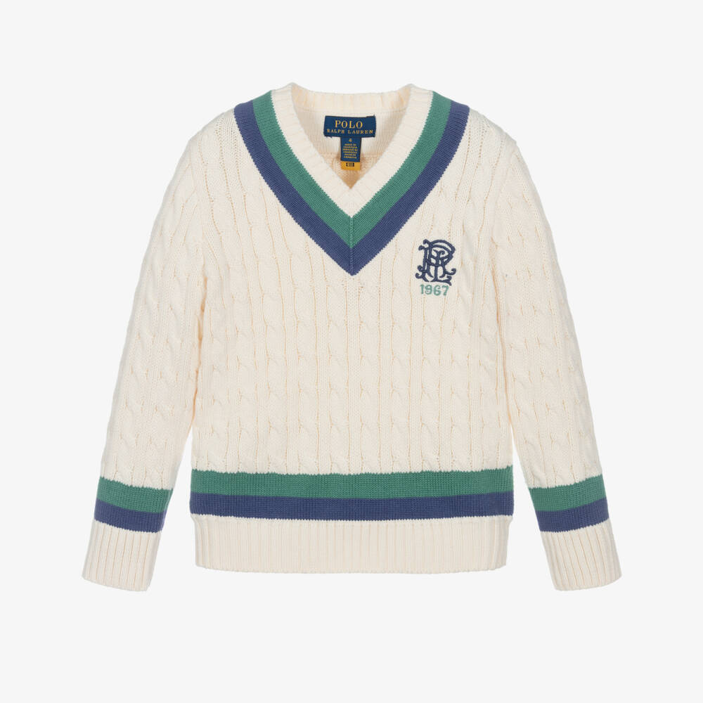 Ralph Lauren-Boys Ivory Cotton Knit V-Neck Cricket Sweater | Childrensalon Outlet