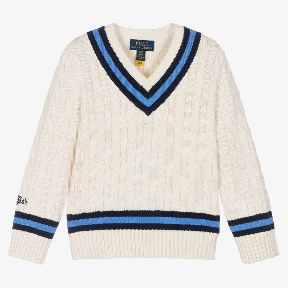 Ralph Lauren - Boys Ivory Cotton Knit V-Neck Sweater | Childrensalon
