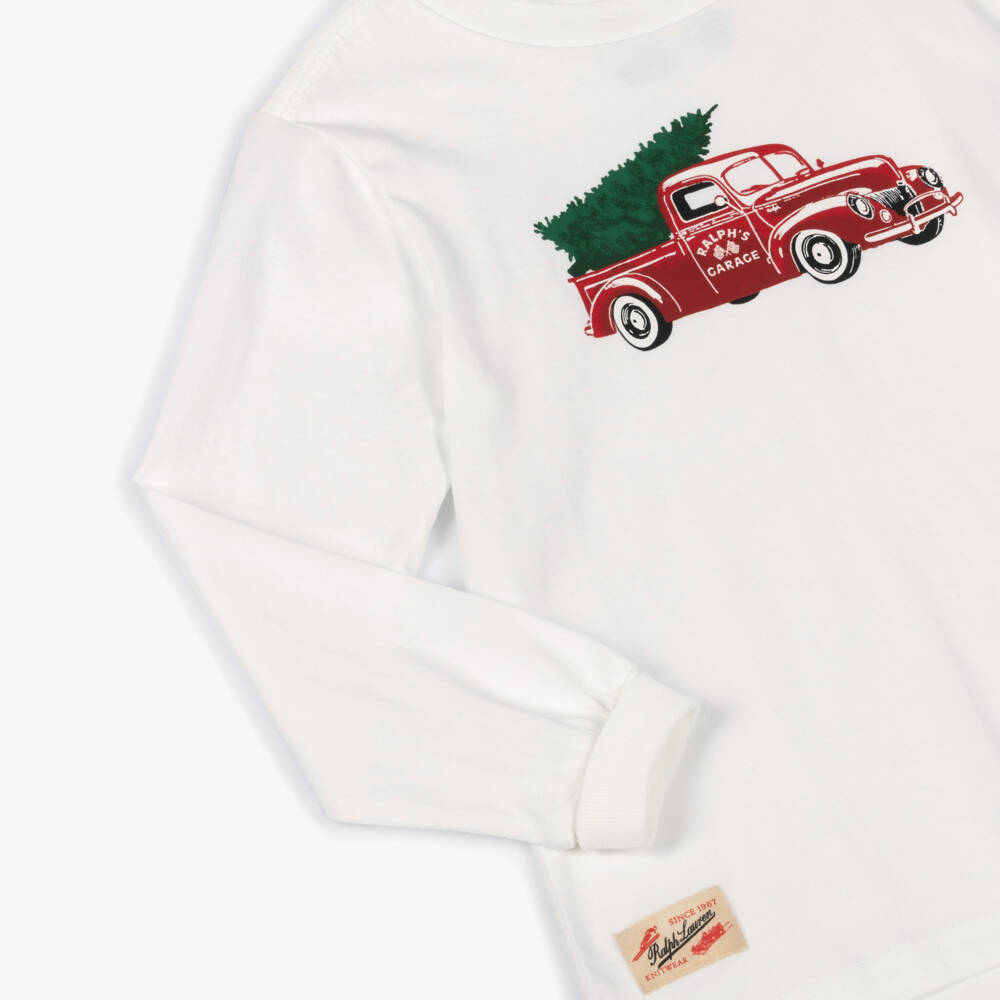 Ralph Lauren-Boys Ivory Cotton Top with Festive Print | Childrensalon Outlet