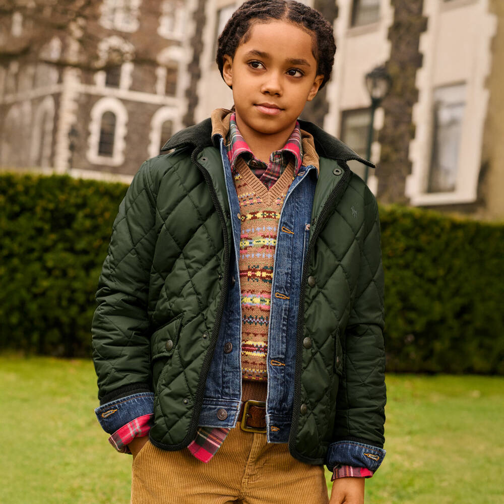 Ralph Lauren-Boys Khaki Green Quilted Jacket with Detachable Hood | Childrensalon Outlet