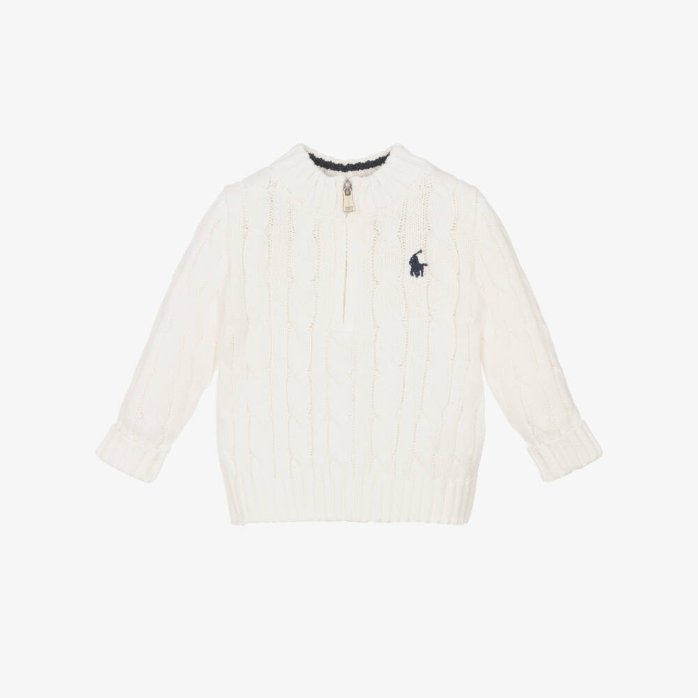 Ralph Lauren-Boys Knit White Zip Sweater | Childrensalon Outlet