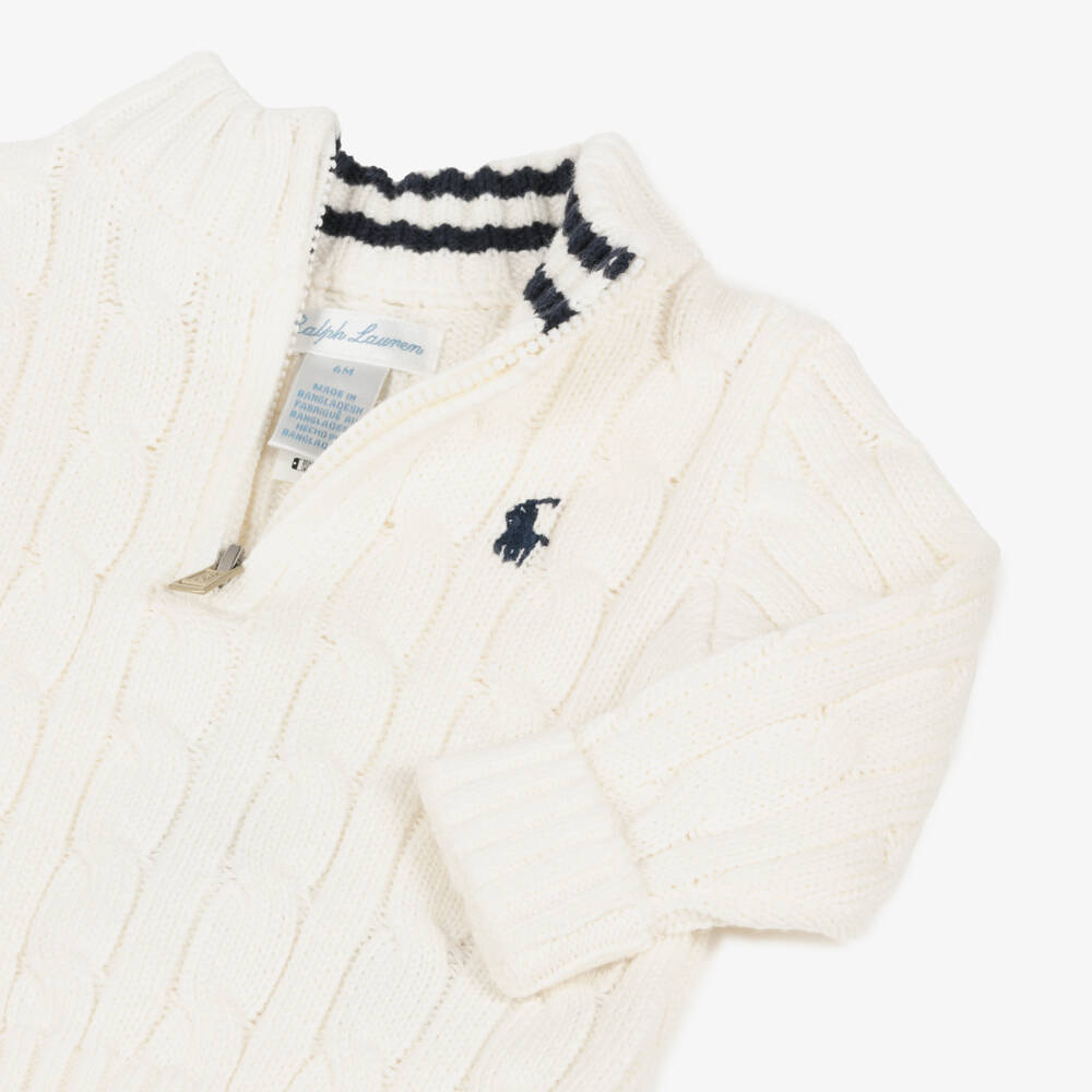 Ralph Lauren-Boys Knit White Zip Sweater | Childrensalon Outlet