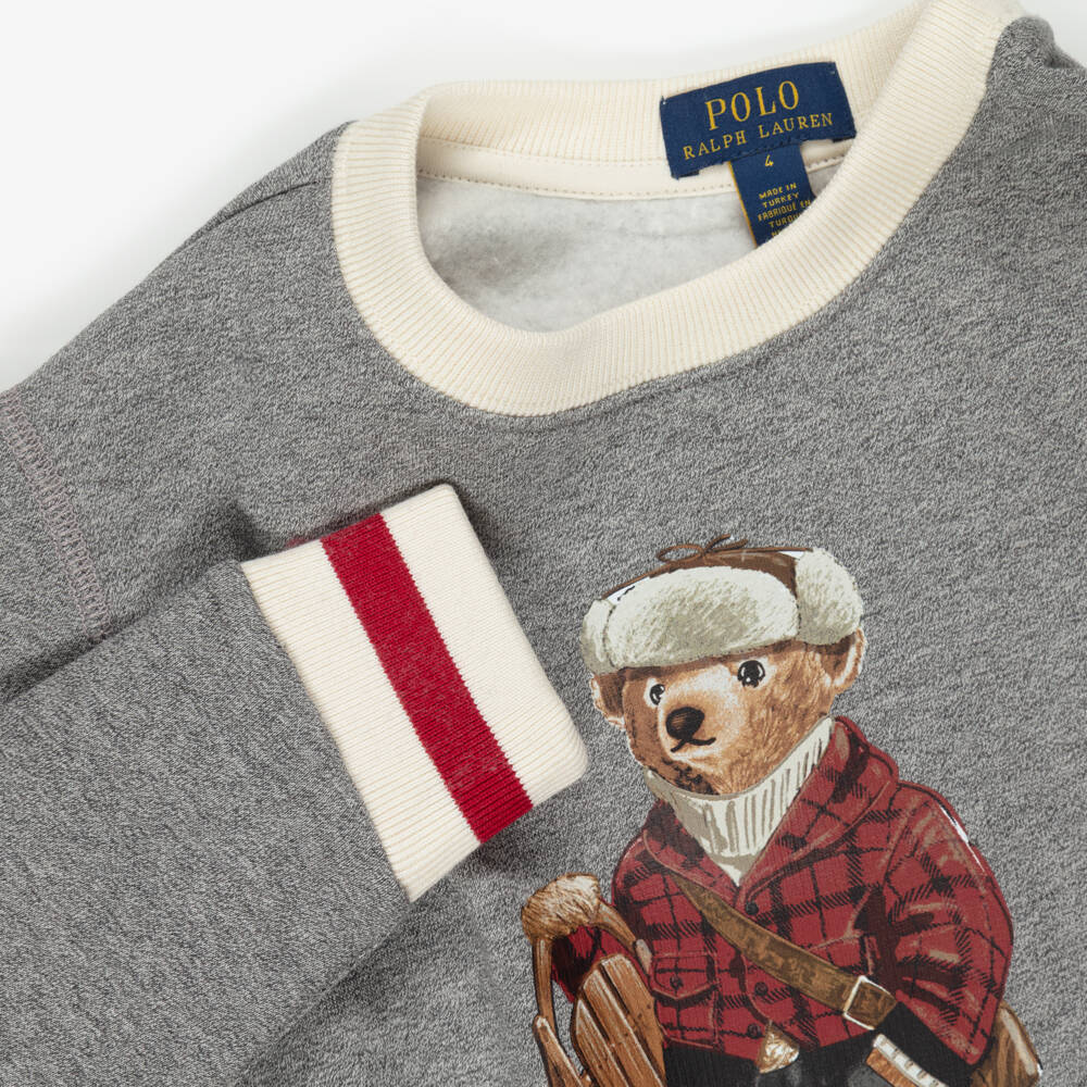 Ralph Lauren-Boys Light Grey Marl Sweatshirt with Polo Bear Print | Childrensalon Outlet