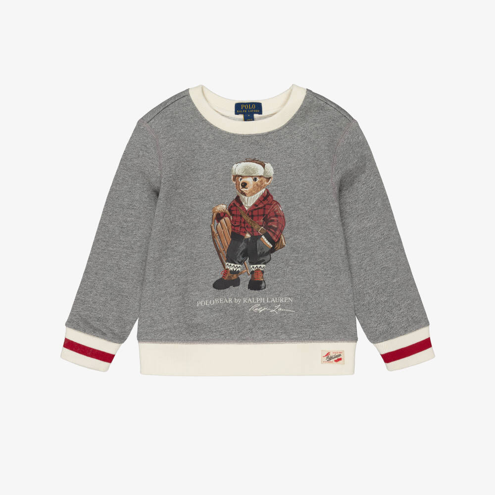 Ralph Lauren-Boys Light Grey Marl Sweatshirt with Polo Bear Print | Childrensalon Outlet