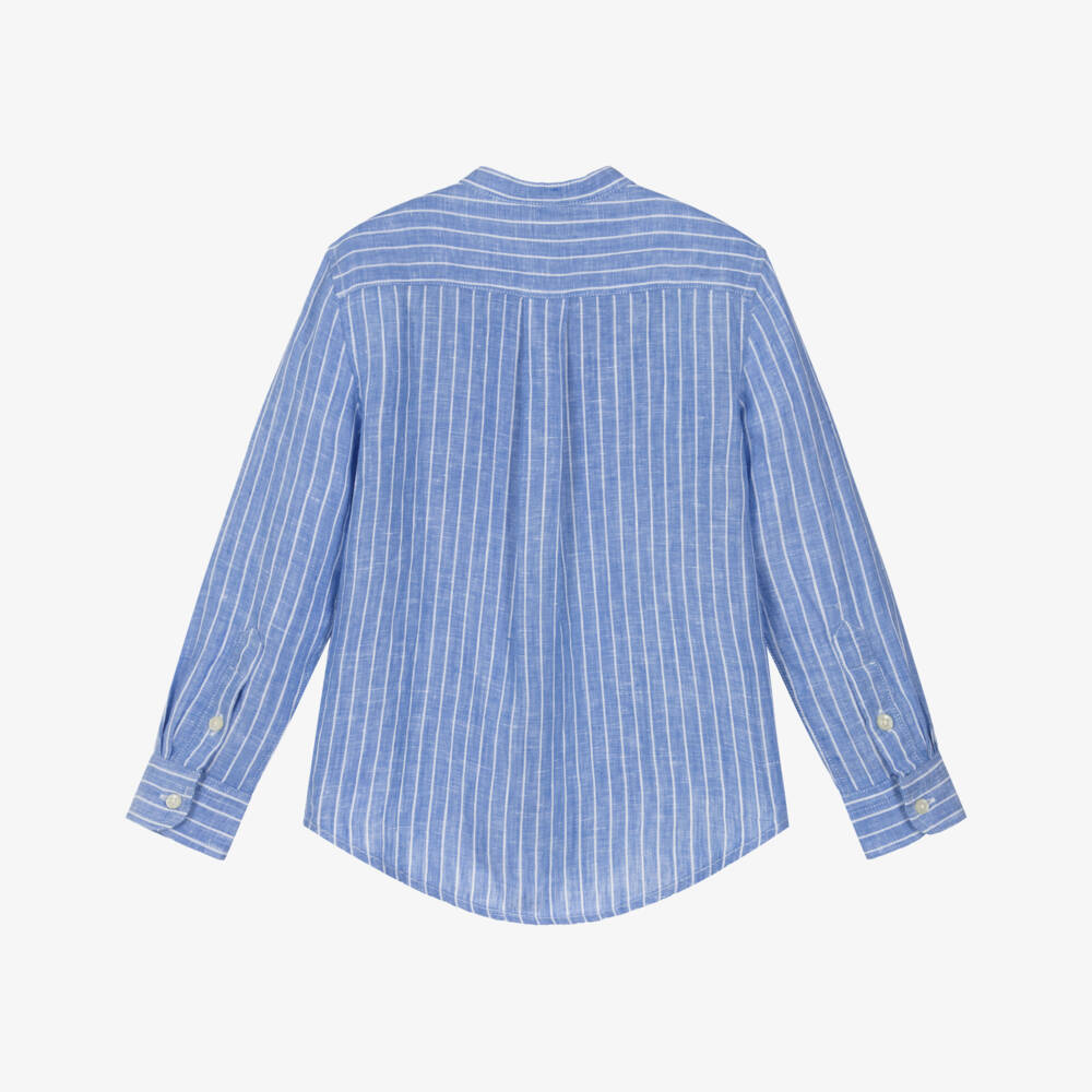 Ralph Lauren-Boys Linen Mandarin Blue Shirt | Childrensalon Outlet