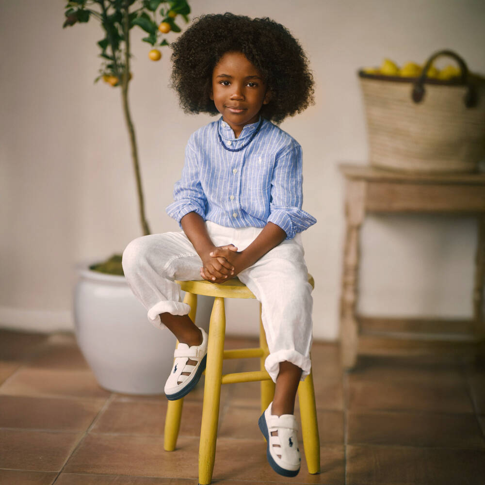 Ralph Lauren-Boys Linen Mandarin Blue Shirt | Childrensalon Outlet