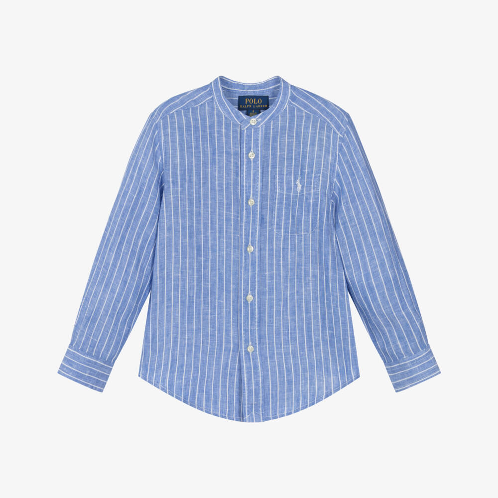 Ralph Lauren-Boys Linen Mandarin Blue Shirt | Childrensalon Outlet