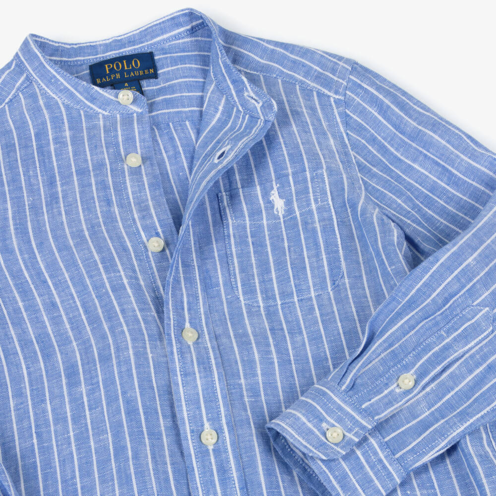 Ralph Lauren-Boys Linen Mandarin Blue Shirt | Childrensalon Outlet