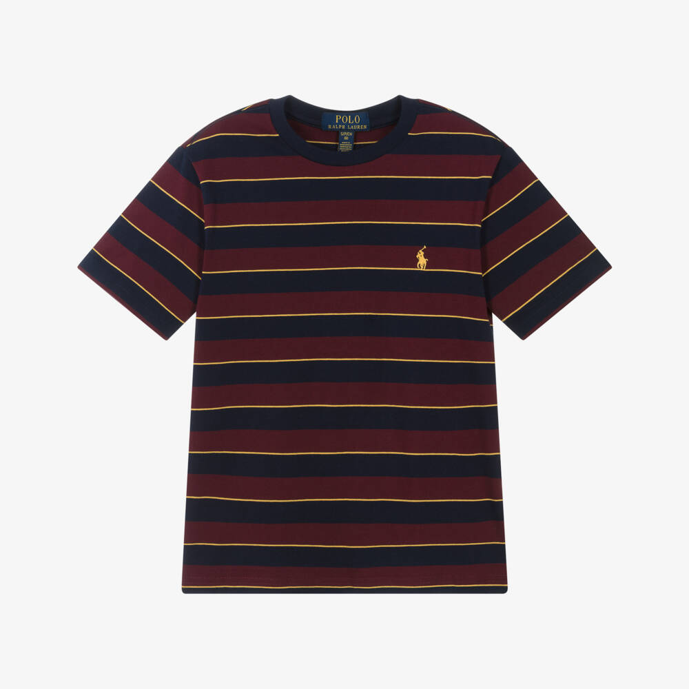 Ralph Lauren-Boys Maroon Red & Navy Blue Stripe Cotton T-Shirt | Childrensalon Outlet