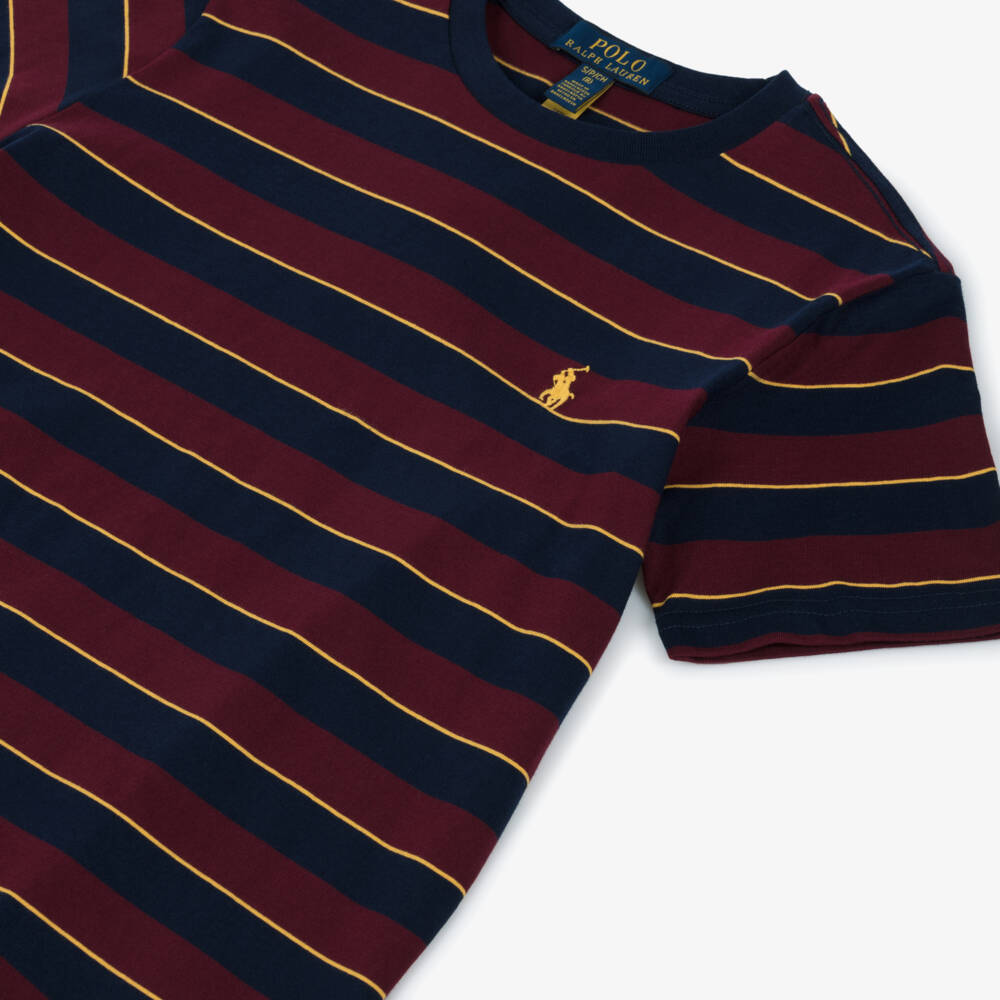 Ralph Lauren-Boys Maroon Red & Navy Blue Stripe Cotton T-Shirt | Childrensalon Outlet