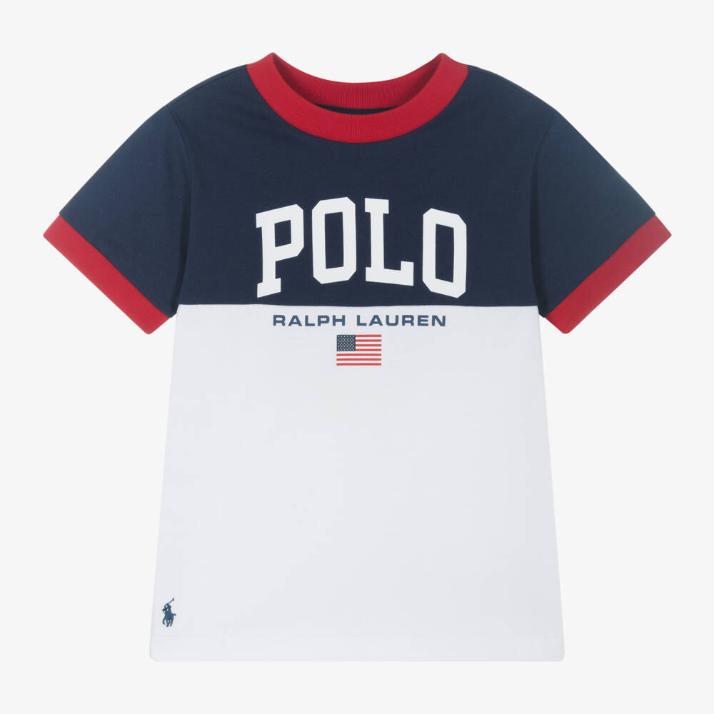 Ralph Lauren-Boys Navy and White Cotton Tee | Childrensalon Outlet
