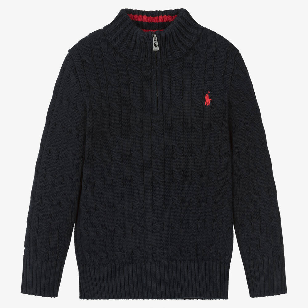 Ralph Lauren - Pull bleu marine en maille de coton | Childrensalon