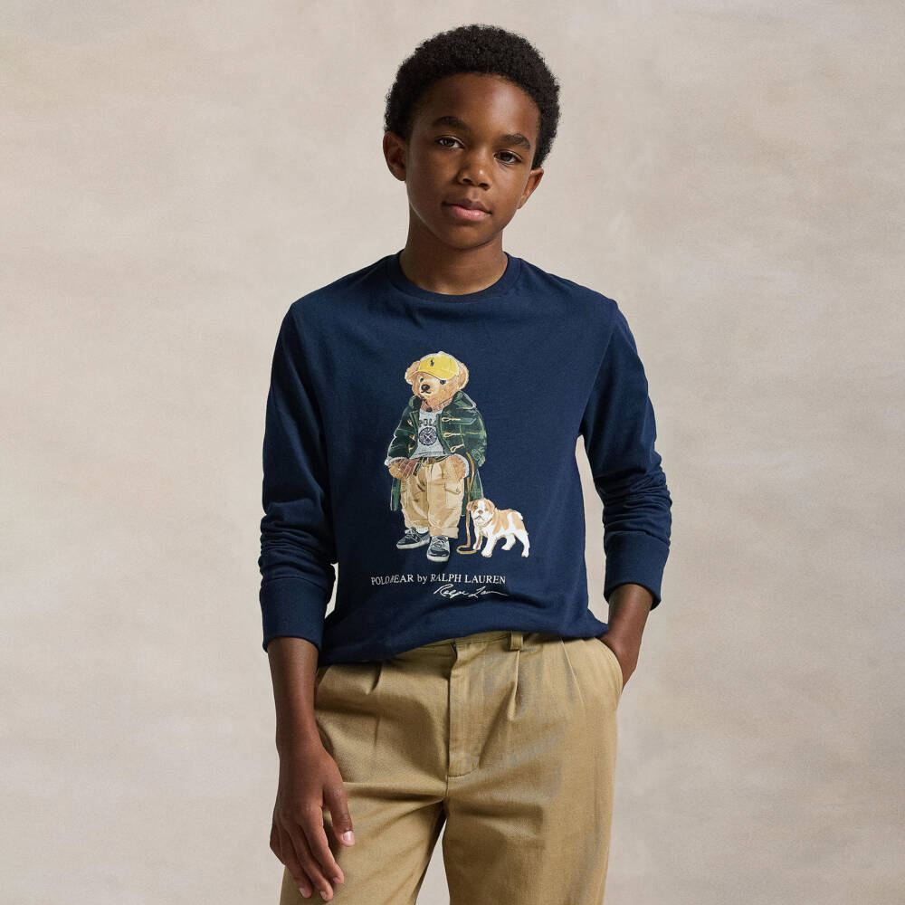 Ralph Lauren-Boys Navy Blue Cotton Long-Sleeve Top with Polo Bear Motif | Childrensalon Outlet