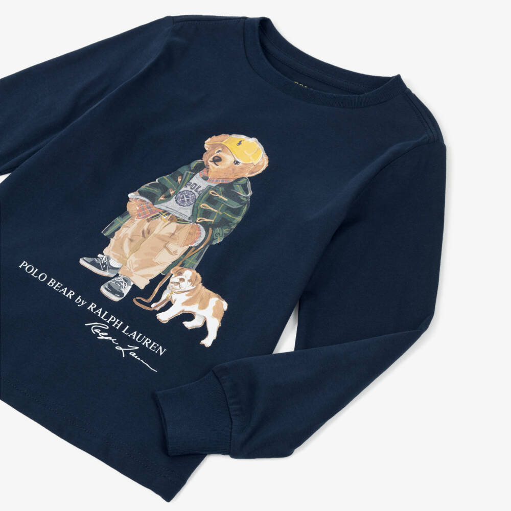 Ralph Lauren-Boys Navy Blue Cotton Long-Sleeve Top with Polo Bear Motif | Childrensalon Outlet