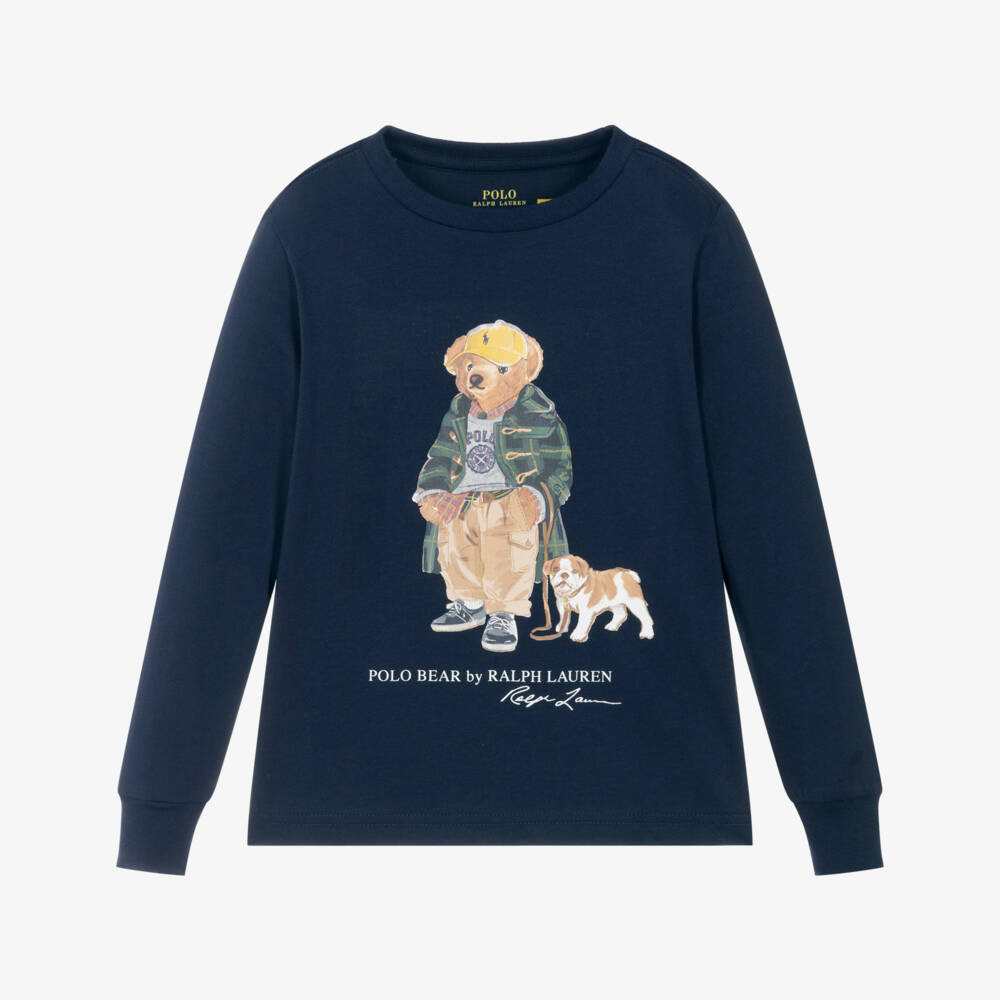 Ralph Lauren-Boys Navy Blue Cotton Long-Sleeve Top with Polo Bear Motif | Childrensalon Outlet