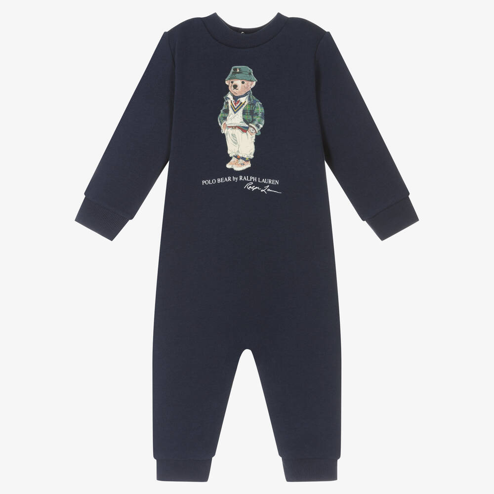 Ralph Lauren - Boys Navy Blue Cotton Polo Bear Romper | Childrensalon