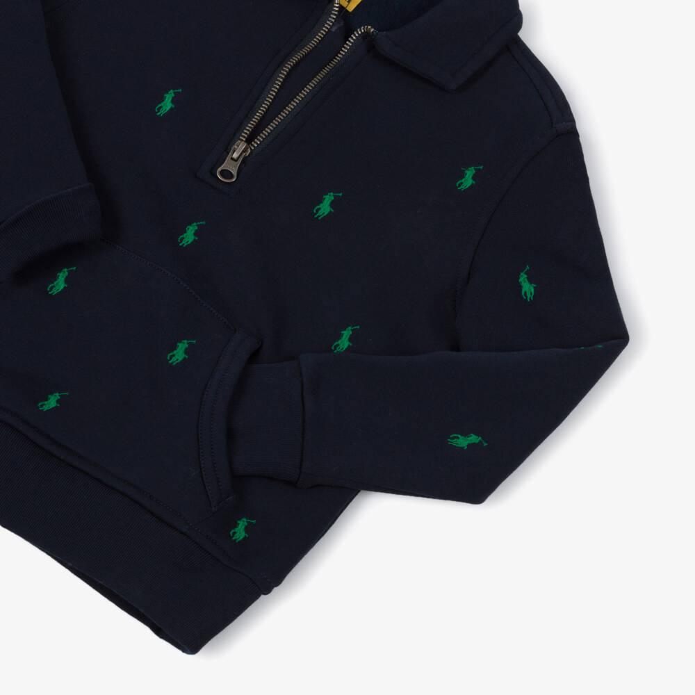 Ralph Lauren-Boys Navy Blue Cotton Quarter-Zip Sweatshirt with Pony Logos | Childrensalon Outlet