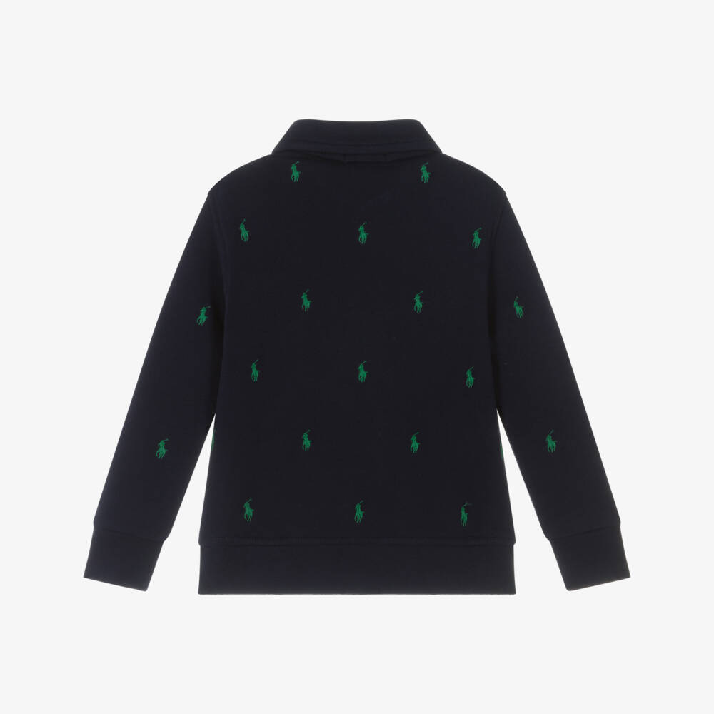 Ralph Lauren-Boys Navy Blue Cotton Quarter-Zip Sweatshirt with Pony Logos | Childrensalon Outlet