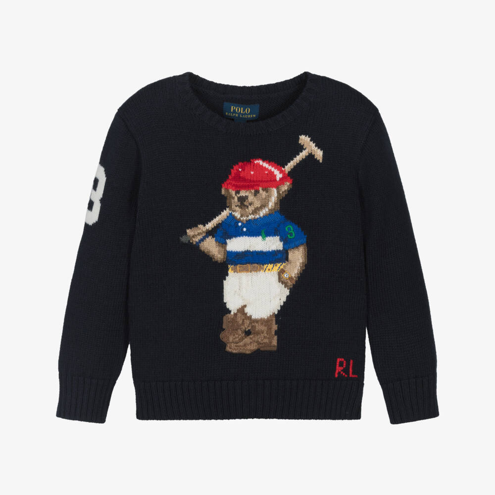 Ralph Lauren-Boys Navy Blue Cotton Sweater with Polo Bear Motif | Childrensalon Outlet