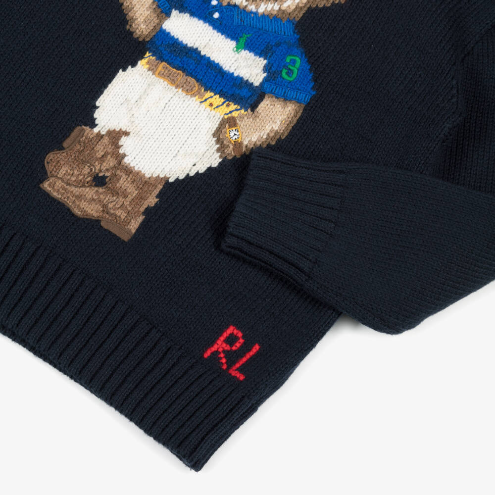 Ralph Lauren-Boys Navy Blue Cotton Sweater with Polo Bear Motif | Childrensalon Outlet