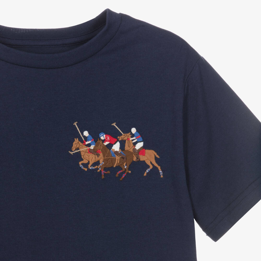 Ralph Lauren-Boys Navy Blue Cotton T-Shirt with Triple-Pony Logo | Childrensalon Outlet