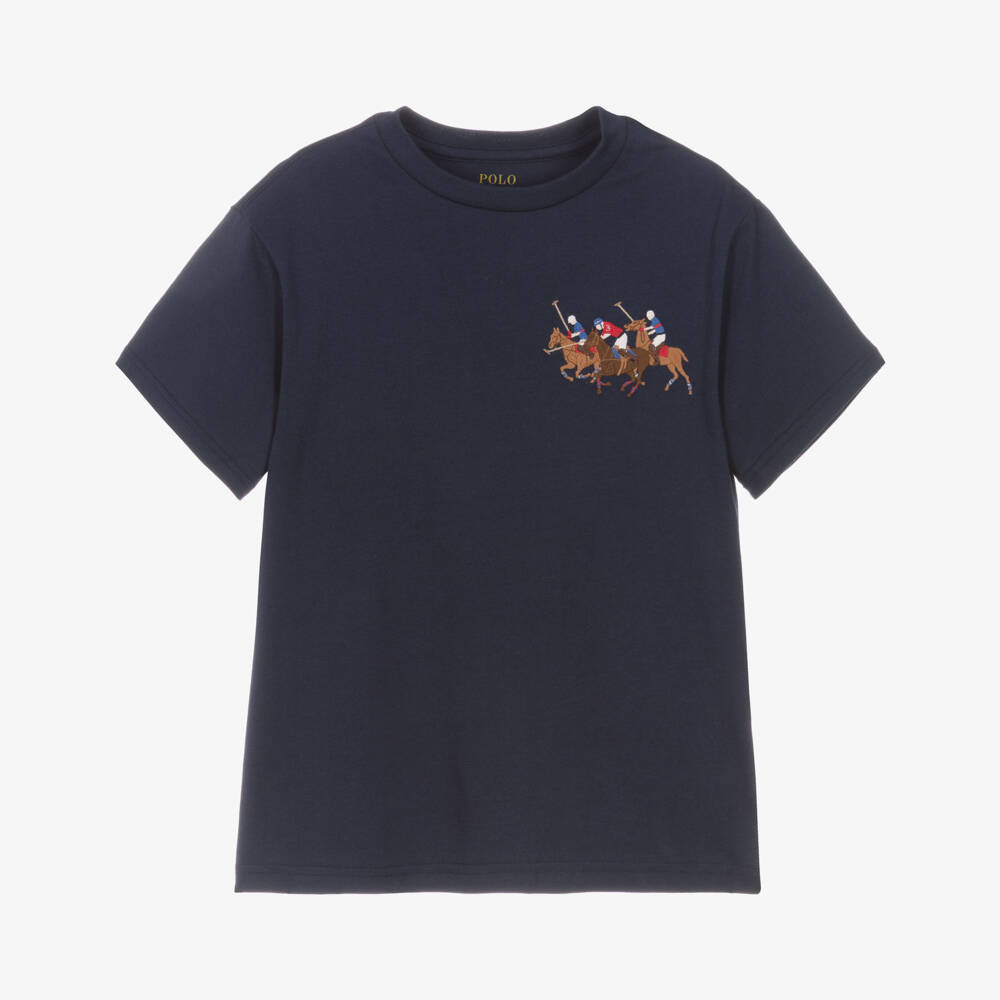 Ralph Lauren-Boys Navy Blue Cotton T-Shirt with Triple-Pony Logo | Childrensalon Outlet