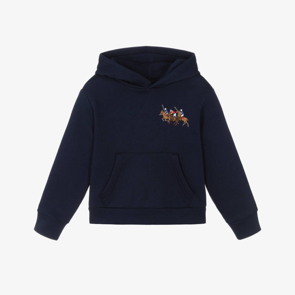 Ralph Lauren-Boys Navy Blue Cotton Triple Pony Logo Hoodie | Childrensalon Outlet
