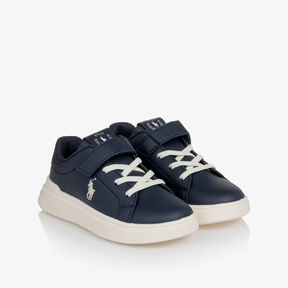Ralph Lauren-Boys Navy Blue Faux Leather Velcro Trainers | Childrensalon Outlet