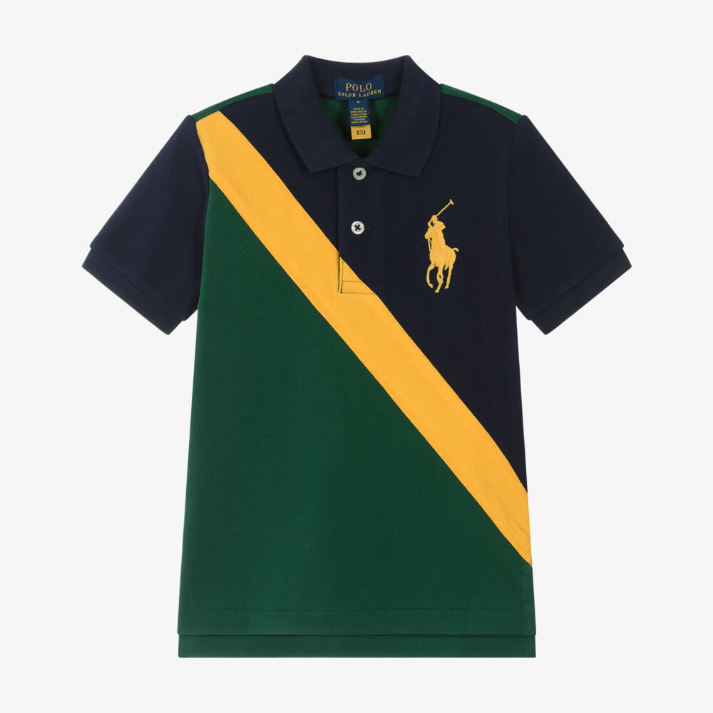 Ralph Lauren-Boys Navy Blue & Green Colourblock Cotton Polo Shirt | Childrensalon Outlet