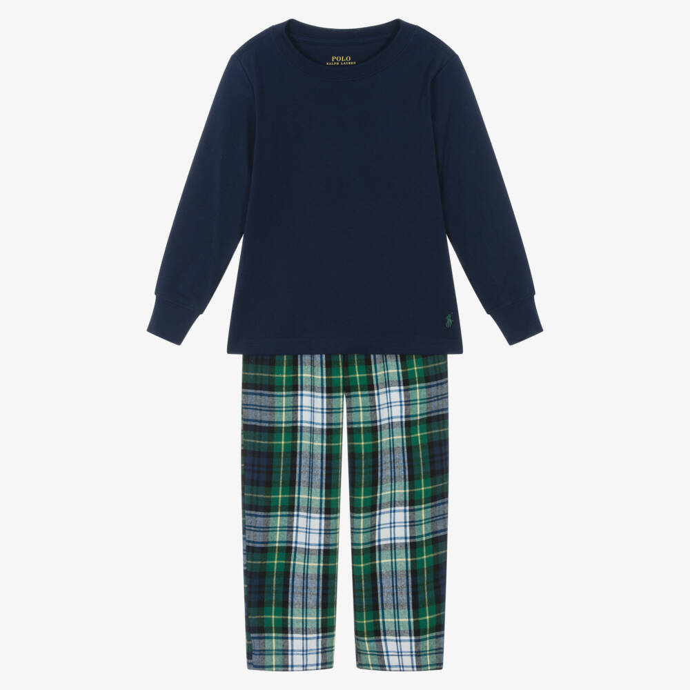 Ralph Lauren-Boys Navy Blue & Green Tartan Cotton Pyjamas | Childrensalon Outlet