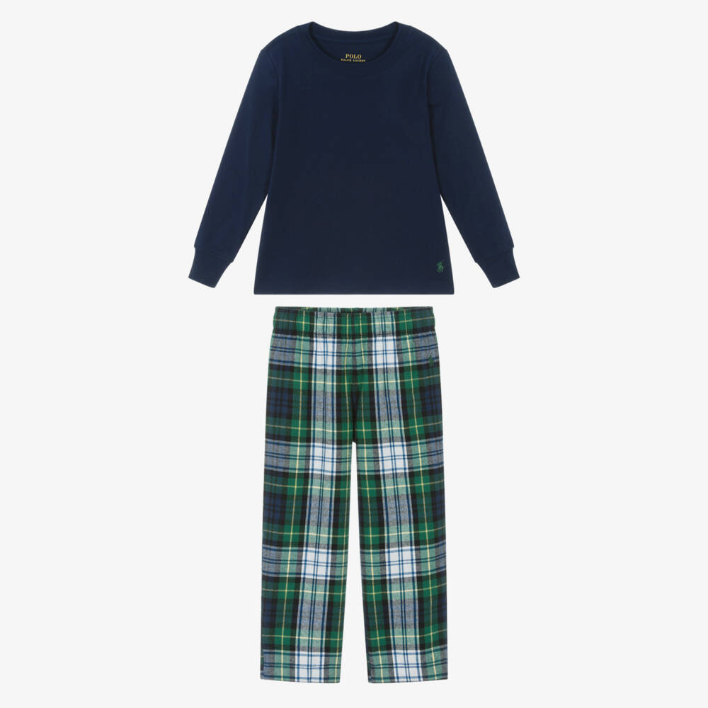 Ralph Lauren-Boys Navy Blue & Green Tartan Cotton Pyjamas | Childrensalon Outlet