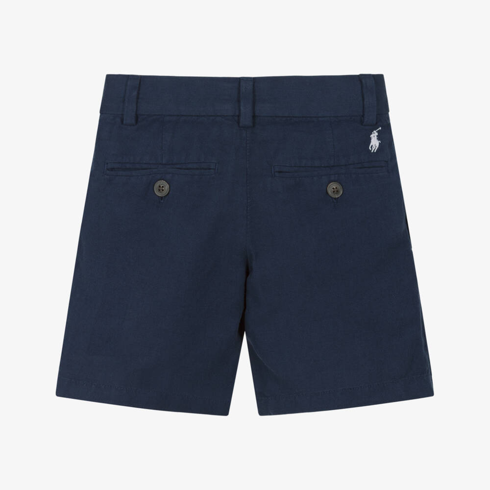 Ralph Lauren-Boys Navy Blue Linen & Cotton Pony Logo Shorts | Childrensalon Outlet