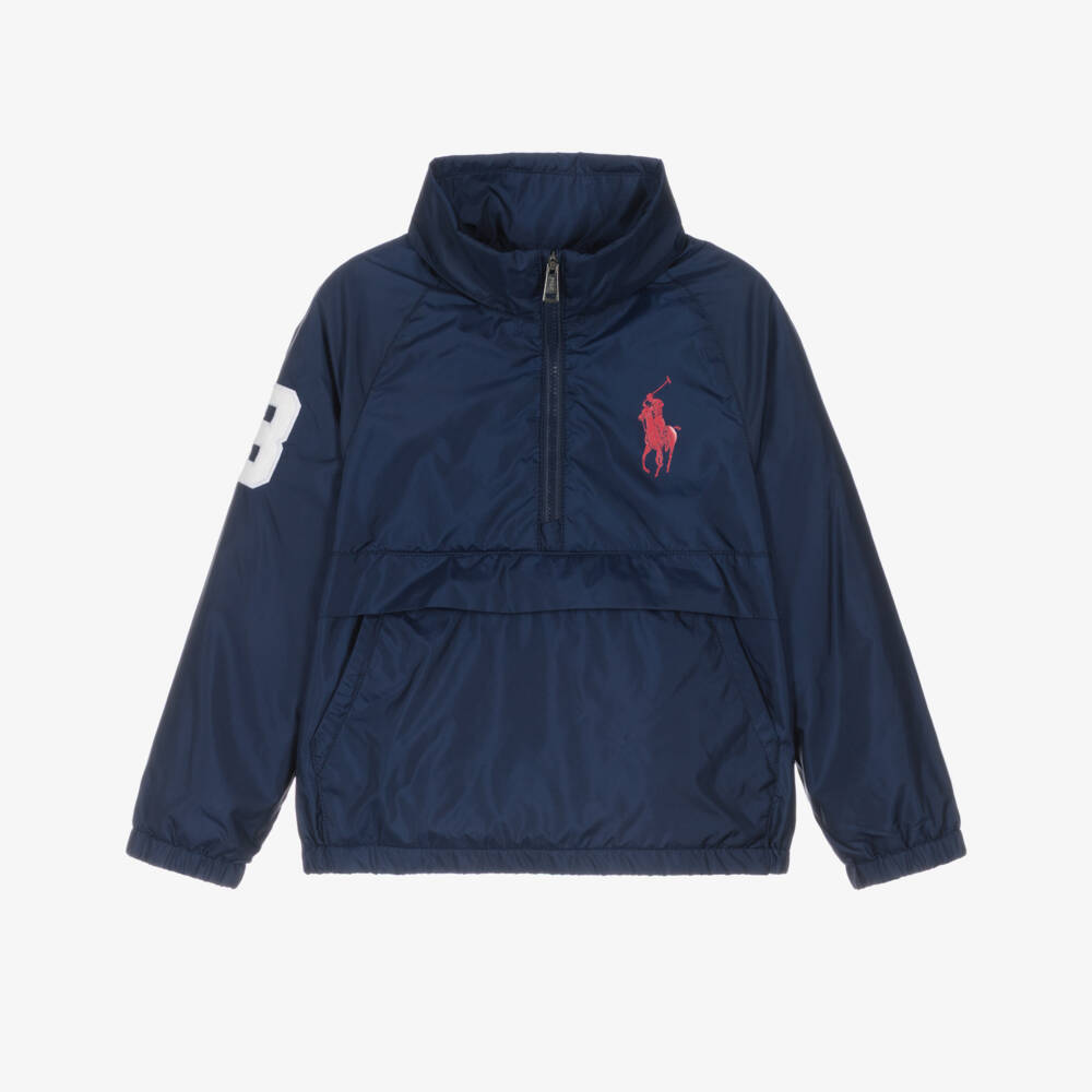 Ralph Lauren-Boys Navy Blue Nylon Packable Jacket with Red Big Pony Logo | Childrensalon Outlet